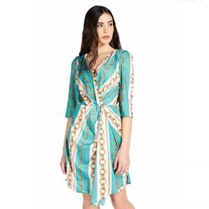 *Rinascimento Turquoise & Gold Chain Print Midi Dress – Made in Italy – Size M